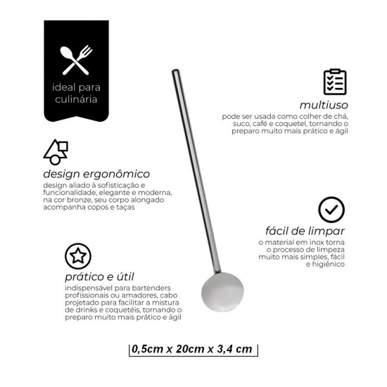 Colher Canudo 20cm Em Aço Inox Para Coquetel